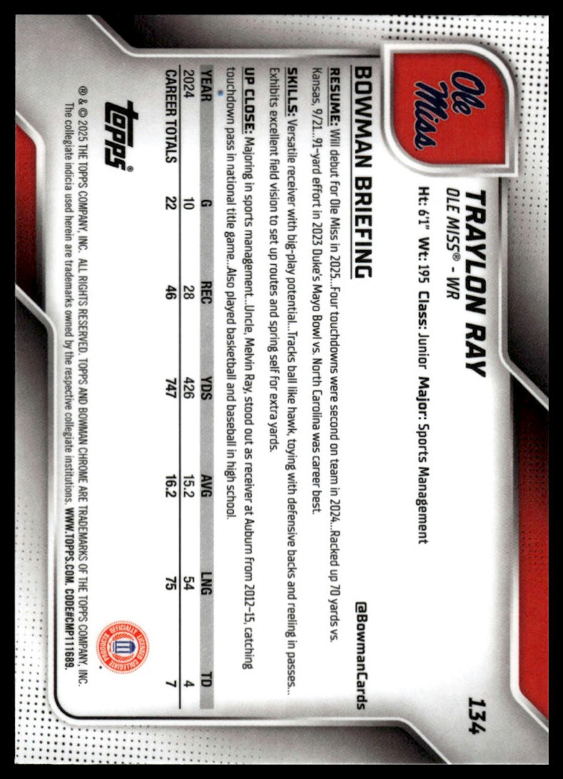 2025 Bowman Chrome University #134 Traylon Ray