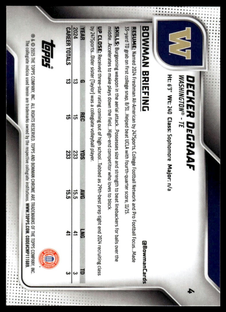 2025 Bowman Chrome University #4 Decker DeGraaf