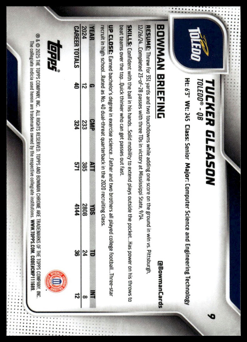 2025 Bowman Chrome University #9 Tucker Gleason