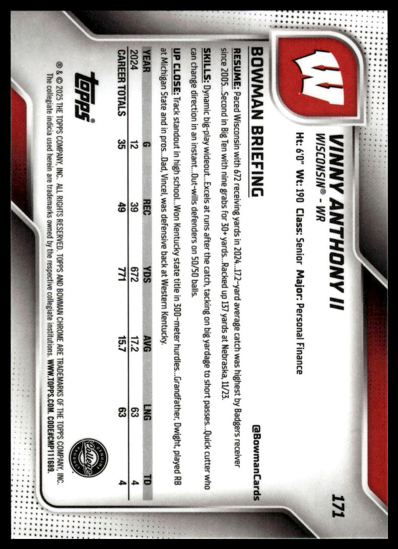 2025 Bowman Chrome University #171 Vinny Anthony II