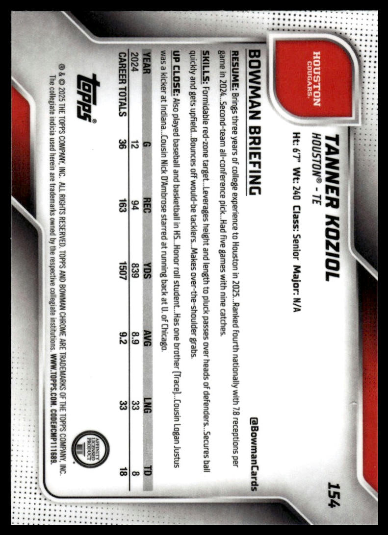 2025 Bowman Chrome University #154 Tanner Koziol
