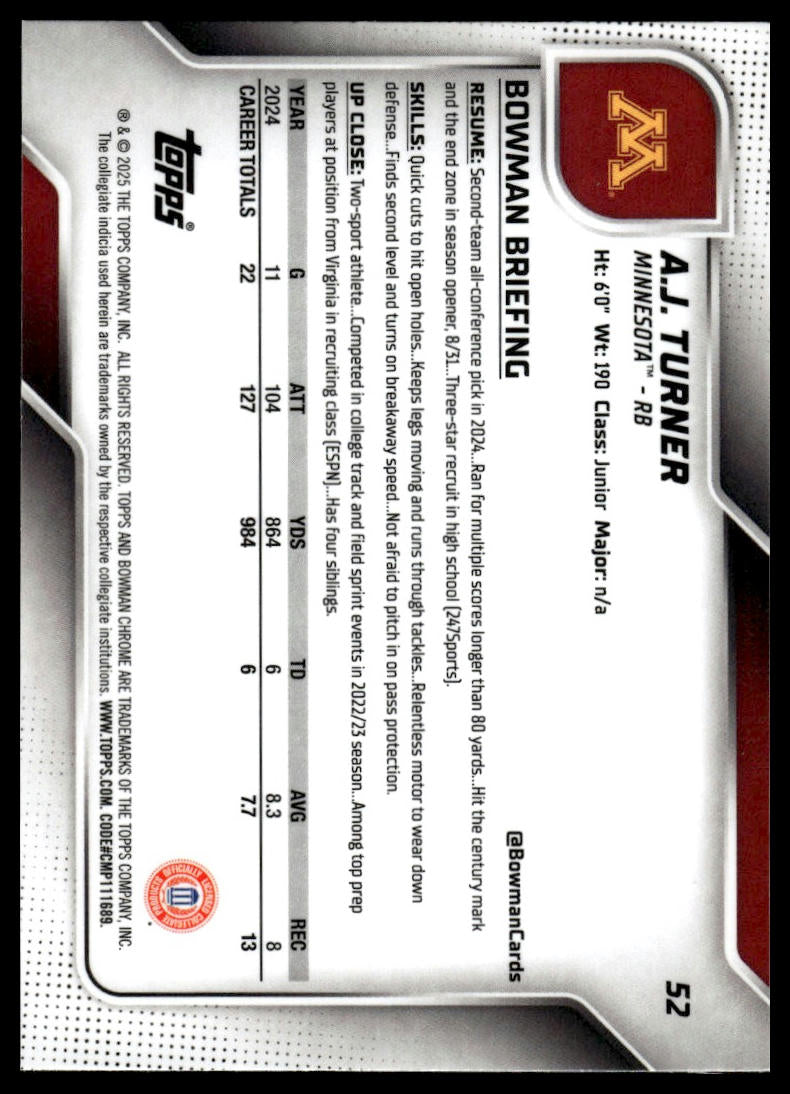 2025 Bowman Chrome University #52 A.J. Turner