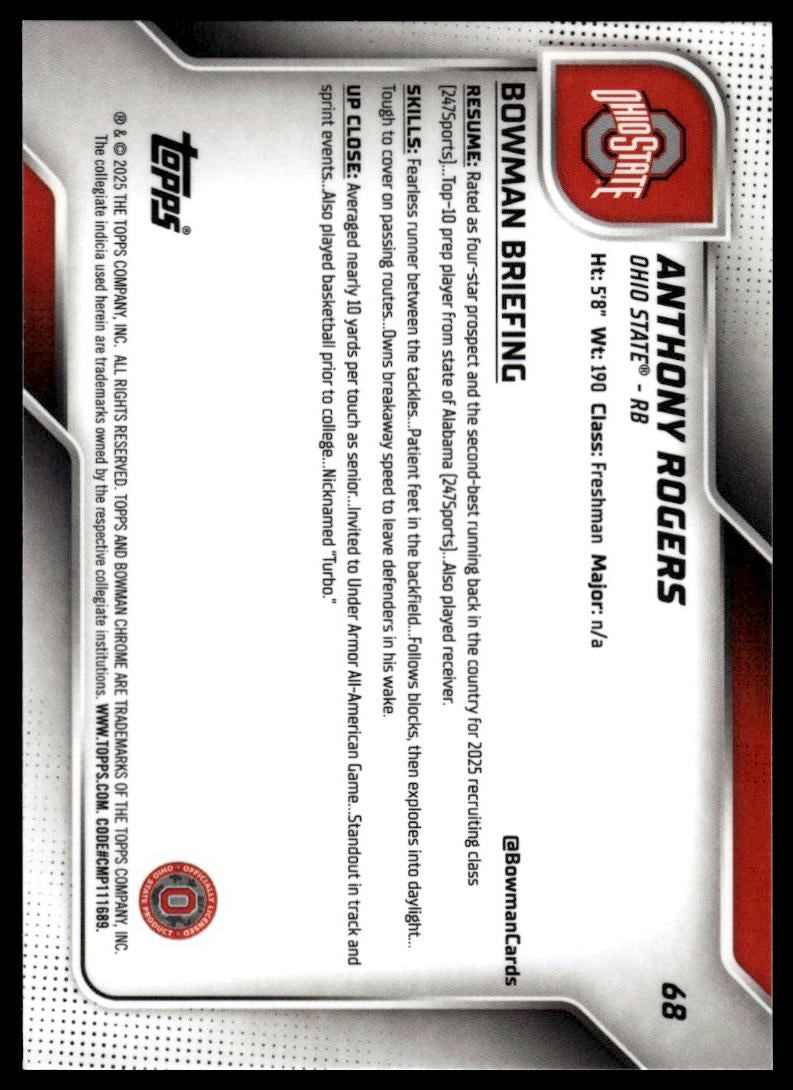 2025 Bowman Chrome University #68 Anthony Rogers