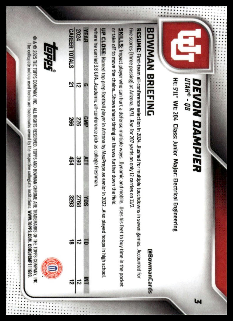 2025 Bowman Chrome University #3 Devon Dampier
