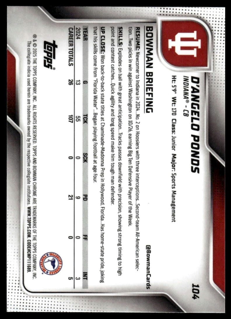 2025 Bowman Chrome University #104 D'Angelo Ponds