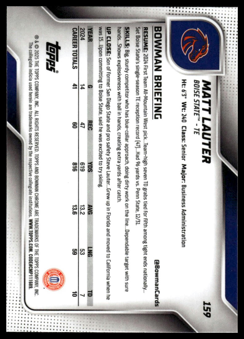 2025 Bowman Chrome University #159 Matt Lauter