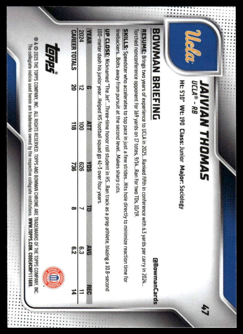 2025 Bowman Chrome University #47 Jaivian Thomas