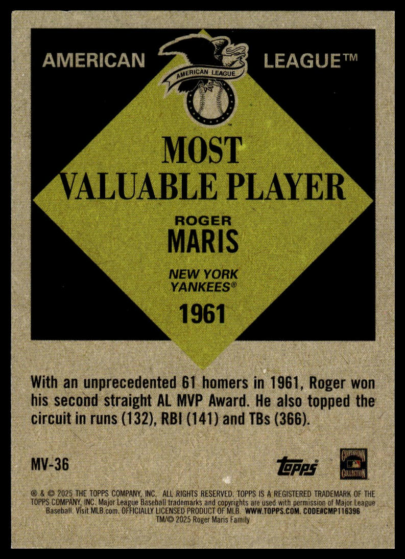 2025 Topps Update #MV-36 Roger Maris Most Valuable