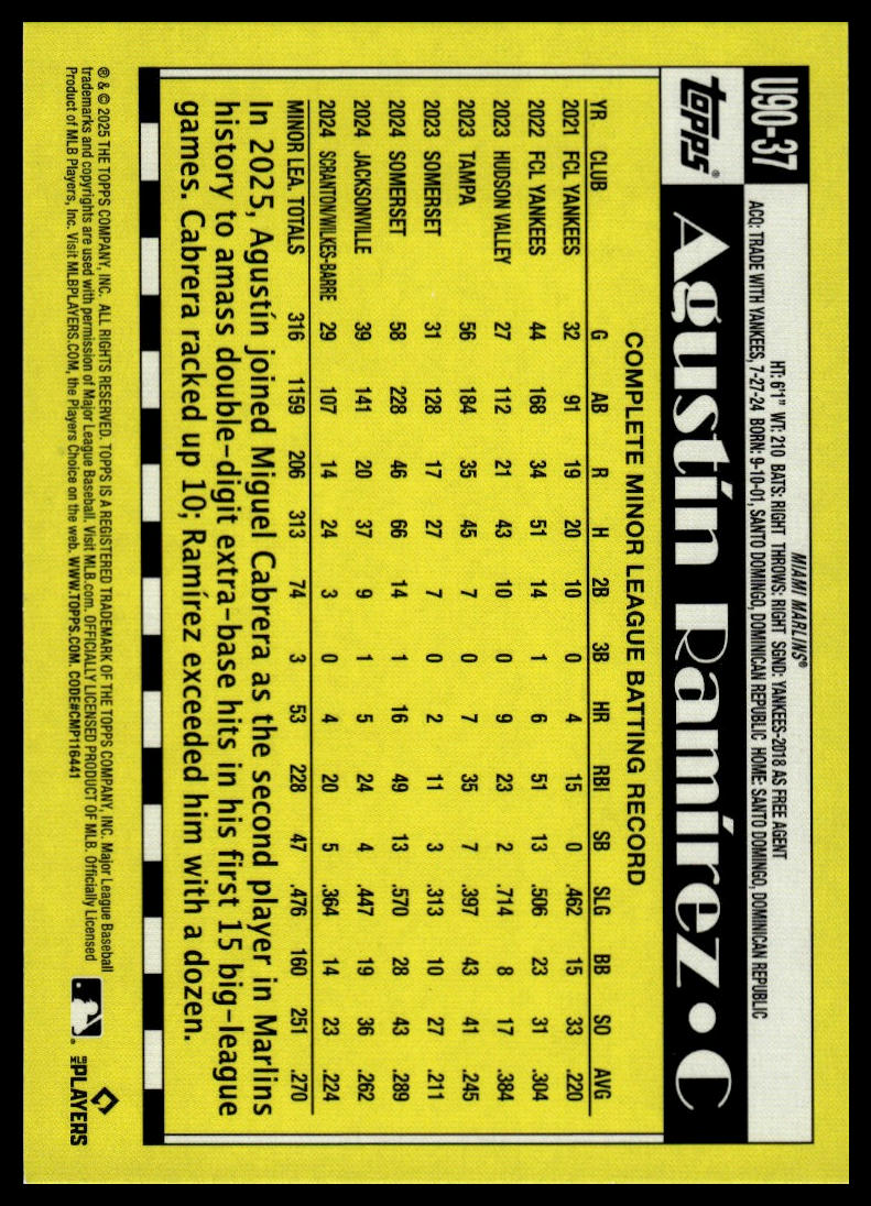 2025 Topps Update #U90-37 Agustín Ramírez 1990 Topps Baseball 35th Anniversary