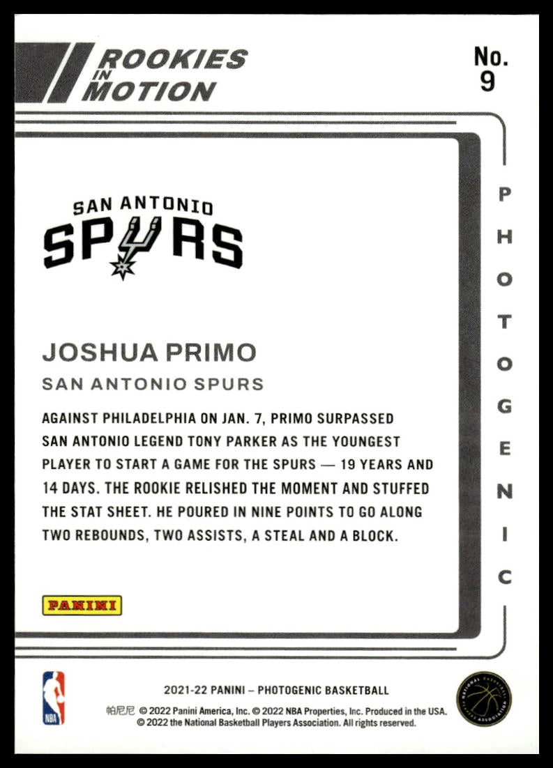 2021-22 Panini Photogenic #9 Joshua Primo Rookies in Motion