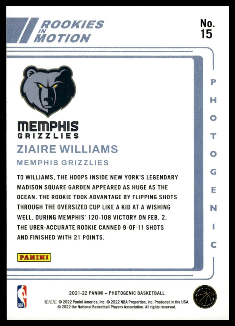 2021-22 Panini Photogenic #15 Ziaire Williams Rookies in Motion