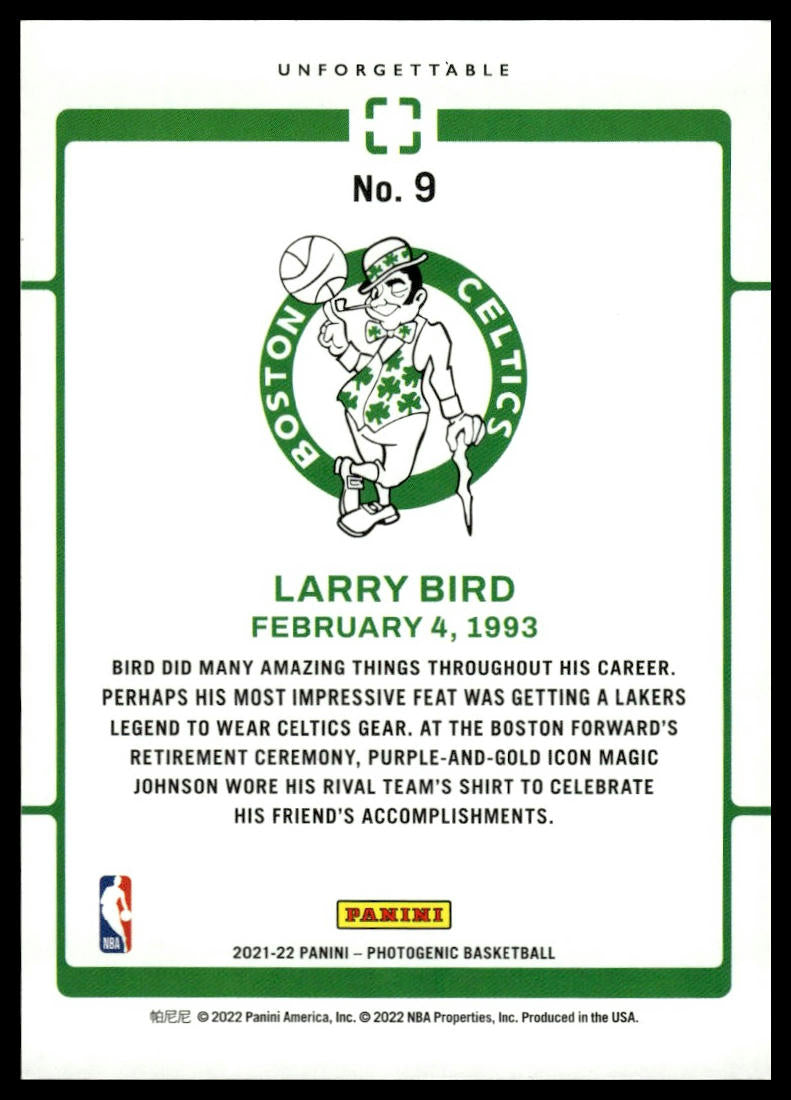 2021-22 Panini Photogenic #9 Larry Bird Unforgettable
