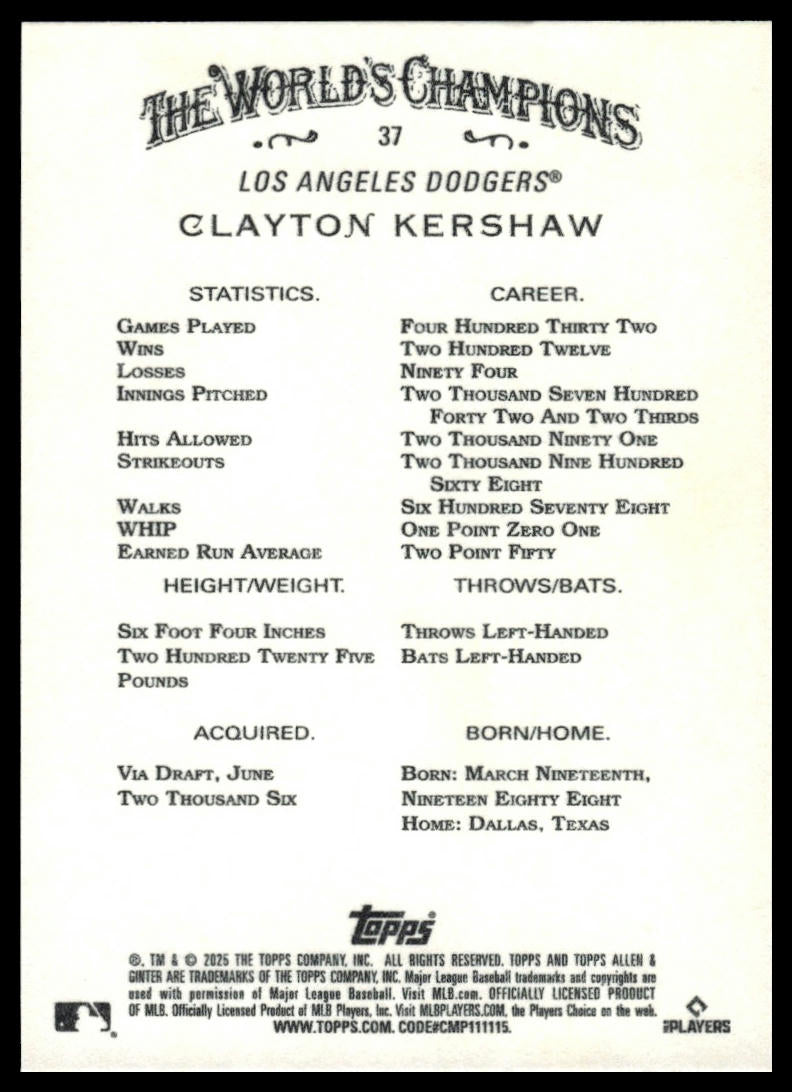 2025 Topps Allen & Ginter #37 Clayton Kershaw