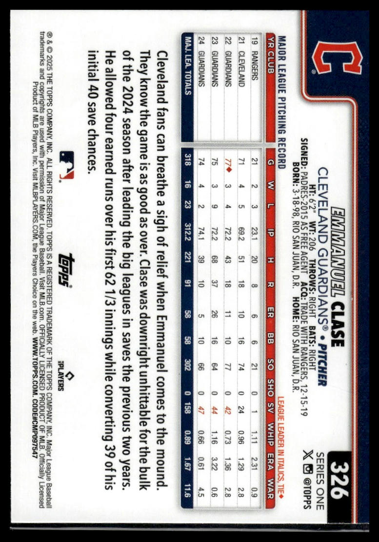 2025 Topps #326 Emmanuel Clase Spring Training
