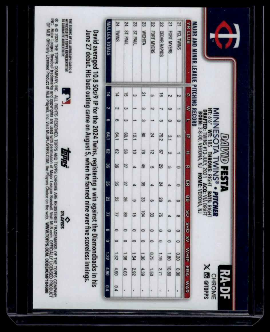 2025 Topps Chrome #RA-DF David Festa Rookie Autographs Refractors #/499