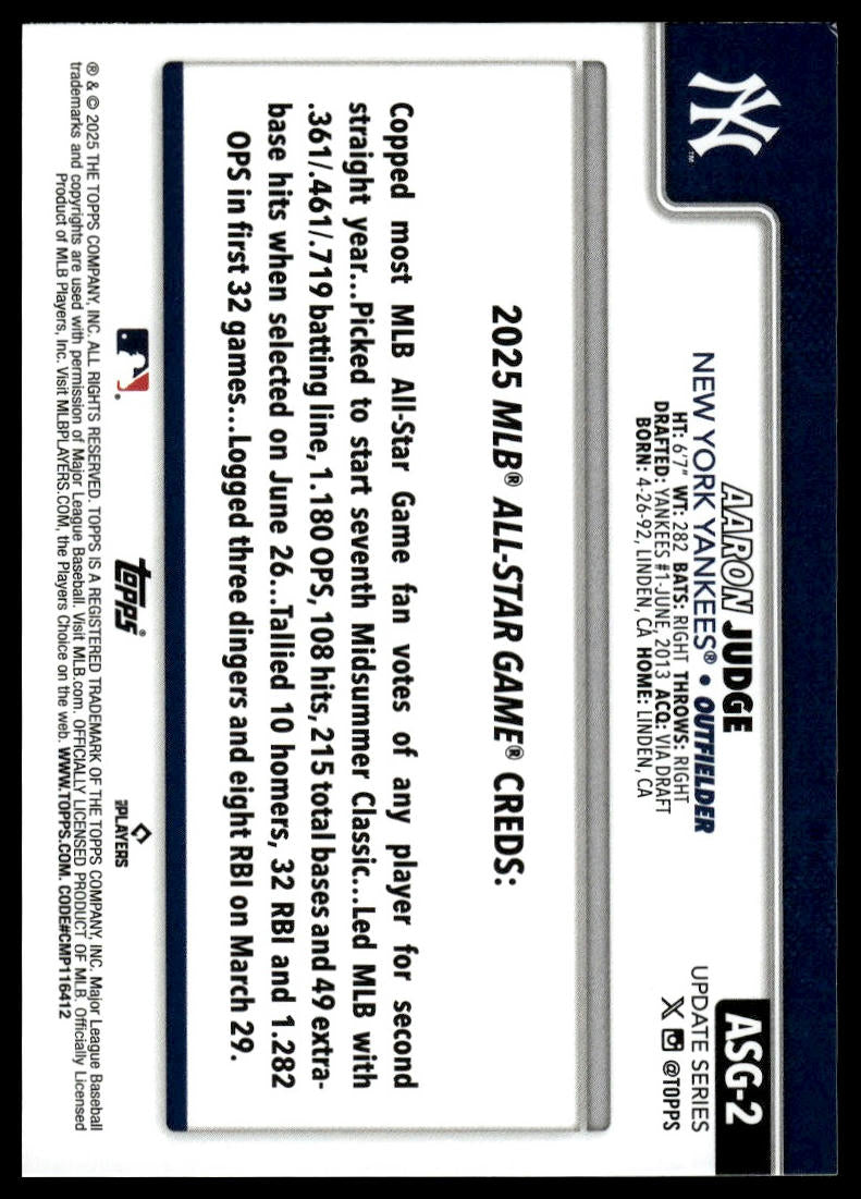 2025 Topps Update #ASG-2 Aaron Judge 2025 All-Star Game
