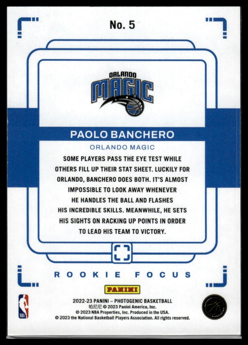 2022-23 Panini PhotoGenic #5 Paolo Banchero Rookie Focus